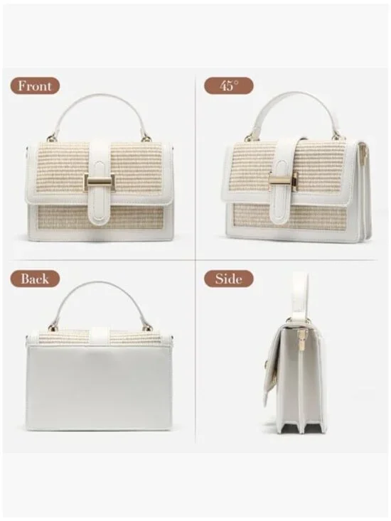 Vegan Leather Patchwork Straw Crossbody Bag with Top Handle - Picture 5 of 5